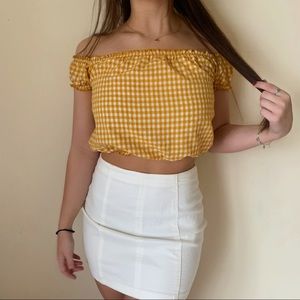 BRANDY MELVILLE Yellow Plaid Off The Shoulder Top